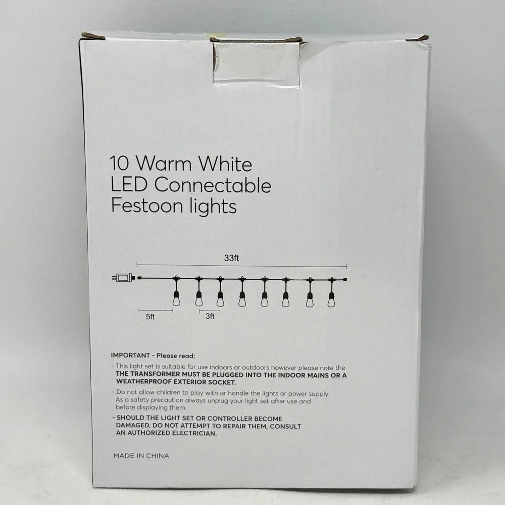 Indoor Outdoor Patio Festoon 10 Light LED Warm White 33 Foot Connectable 2 Sets